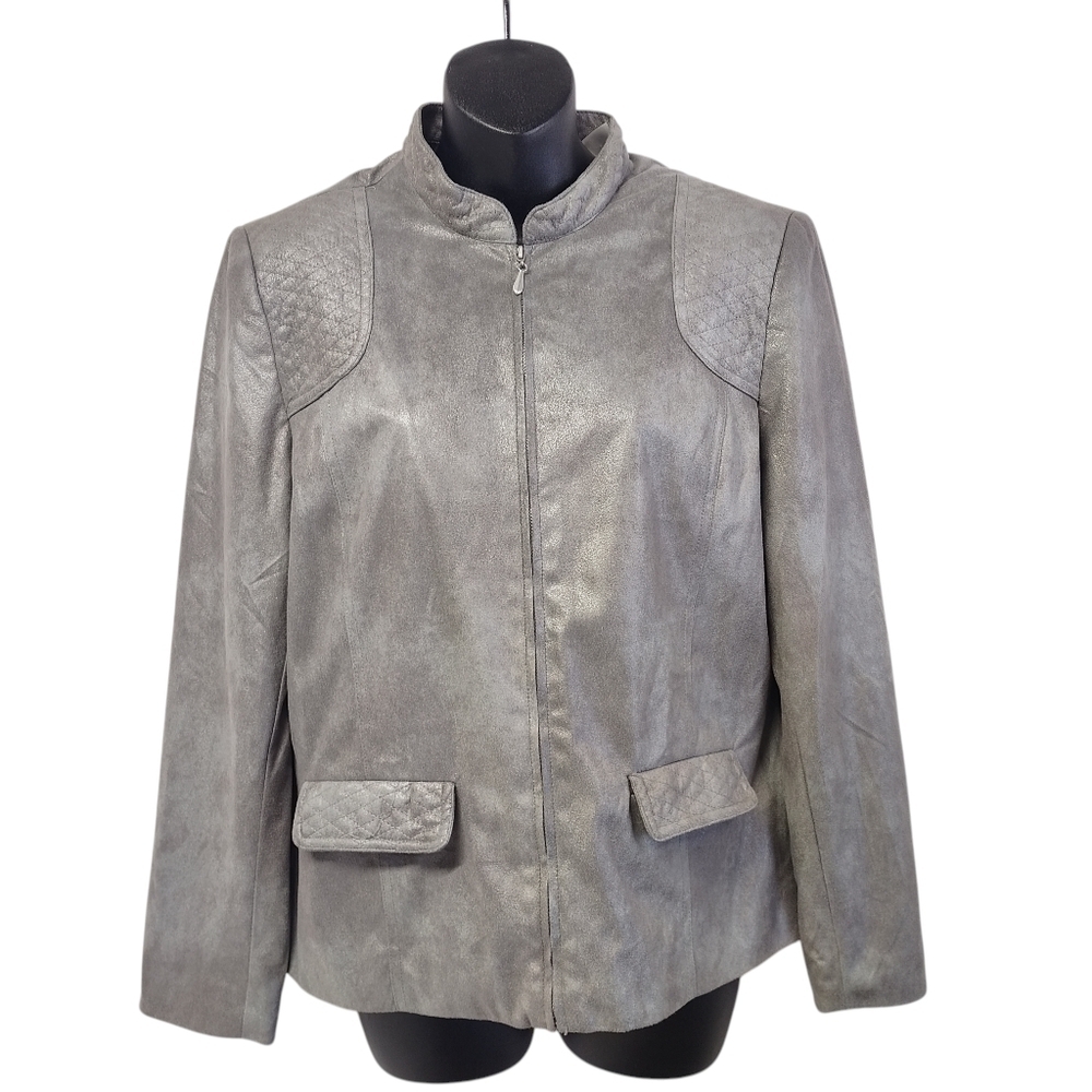 Alfred Dunner Woman Gray Silver Soft Faux Suede Zip Jacket Pockets Sz 12P